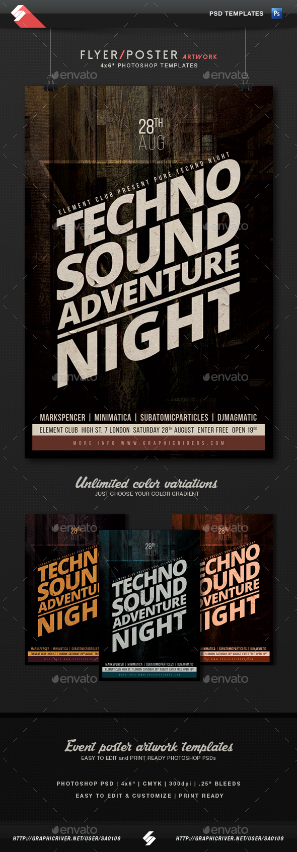 Techno Sound Night Party Flyer Template - Clubs & Parties Events