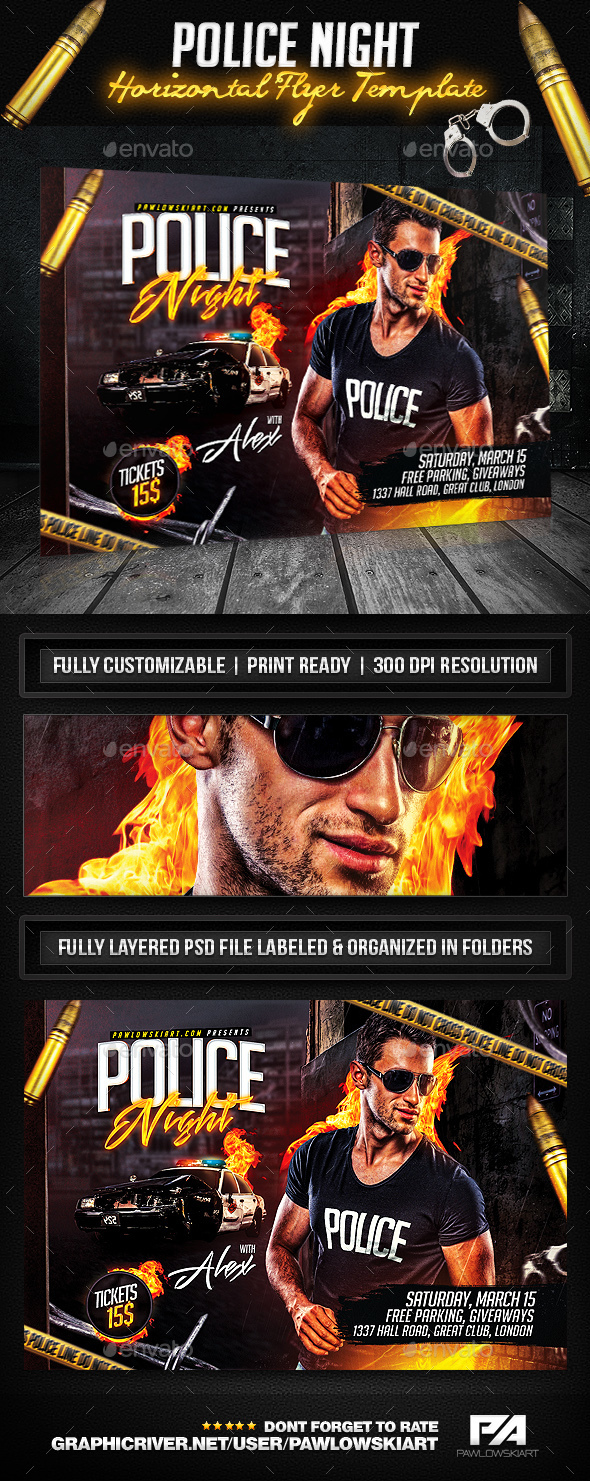 Police Night Party Horizontal Flyer Template - Clubs & Parties Events