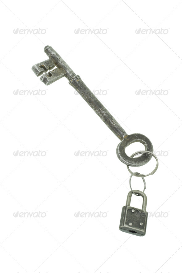 Large "jumbo" size old key with mini padlock - Stock Photo - Images