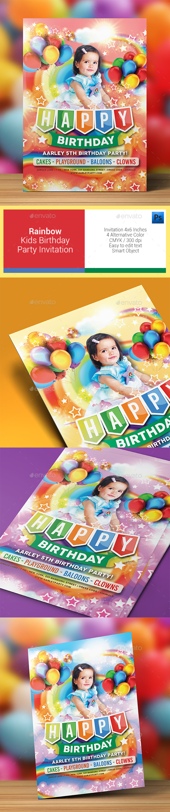 Rainbow Kids Birthday Party Invitation - Birthday Greeting Cards