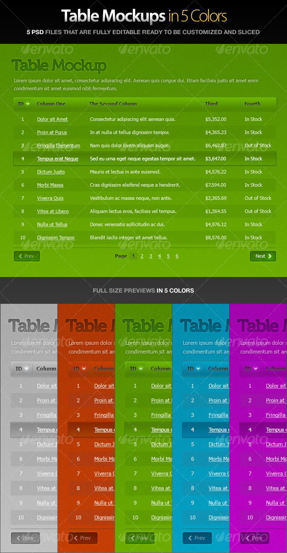 Table Mockups - 5 Colors - Web Elements