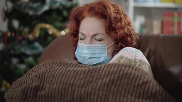 Closeup Portrait of Stressed Ill Caucasian Woman in Coronavirus Face Mask Suffering Fever on alt