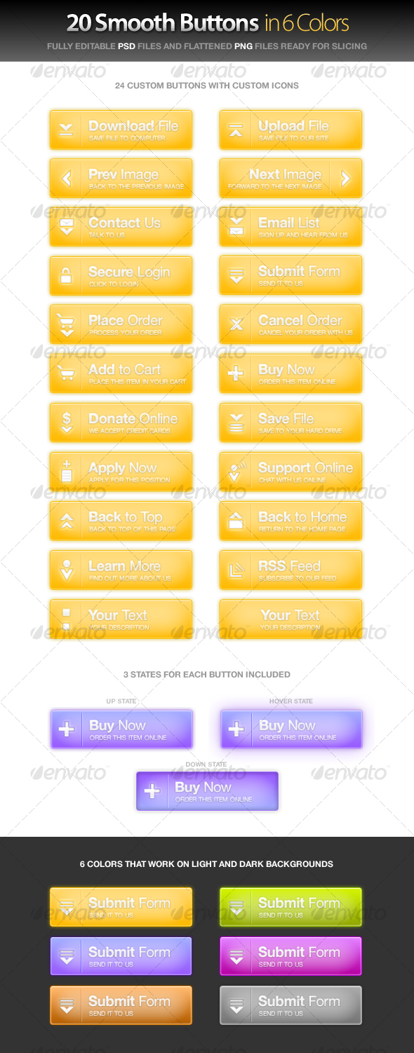 20 Custom Smooth Buttons w/Icons in 6 Colors - Buttons Web Elements