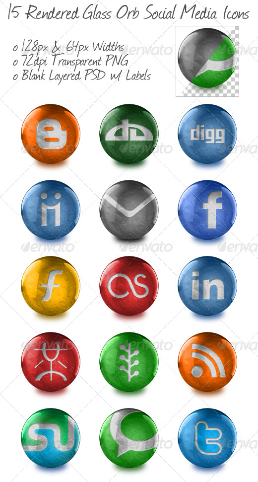 15 Rendered Glass Orb Social Media Icons - Web Icons
