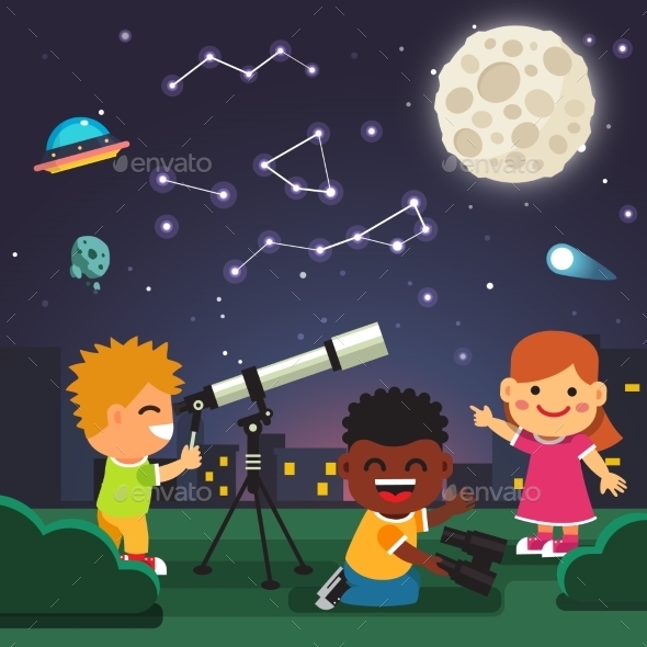 Kids Making Telescope Astronomical Observations - People Characters