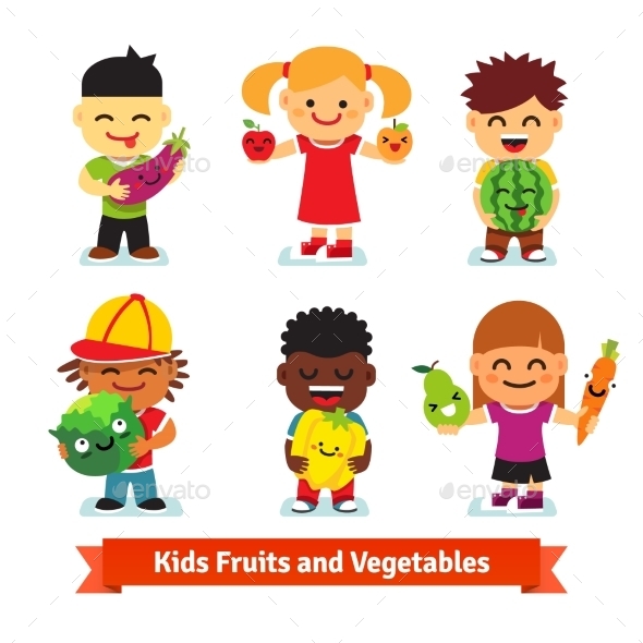 Happy Kids Holding Smiling Fruits and Vegetables - People Characters