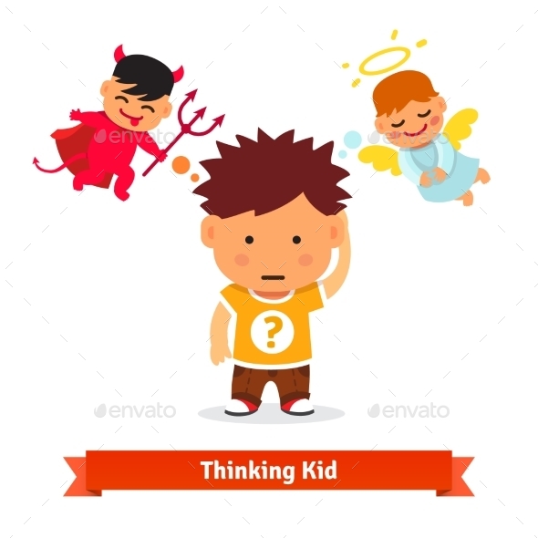 Thinking Kid Making Choice Between Good and Evil - People Characters