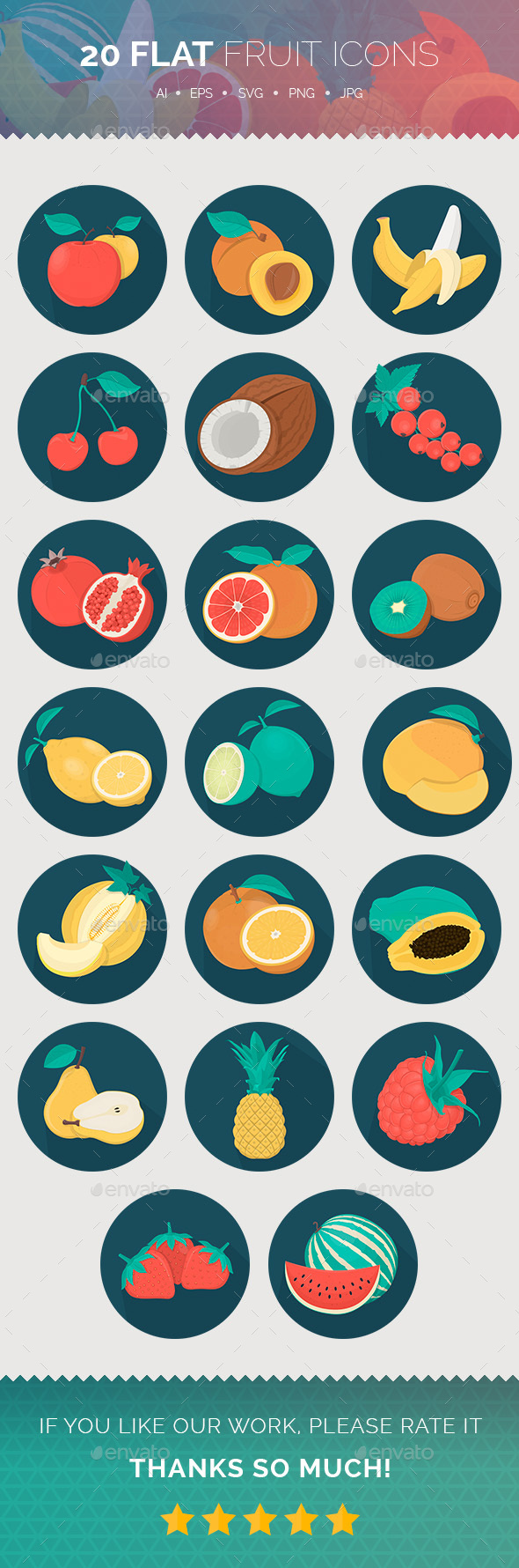 Flat Fruit Icons - Food Objects