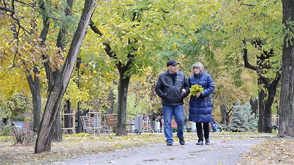 A Woman and a Man Walking Along the Alley in Autumn