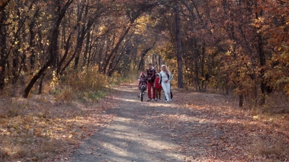 The Happy Family Walks In Autumn Park alt
