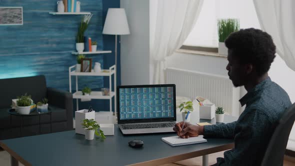 African American Man Crypto Currency Stock Markets Trader Checking Stock Ticker Index alt