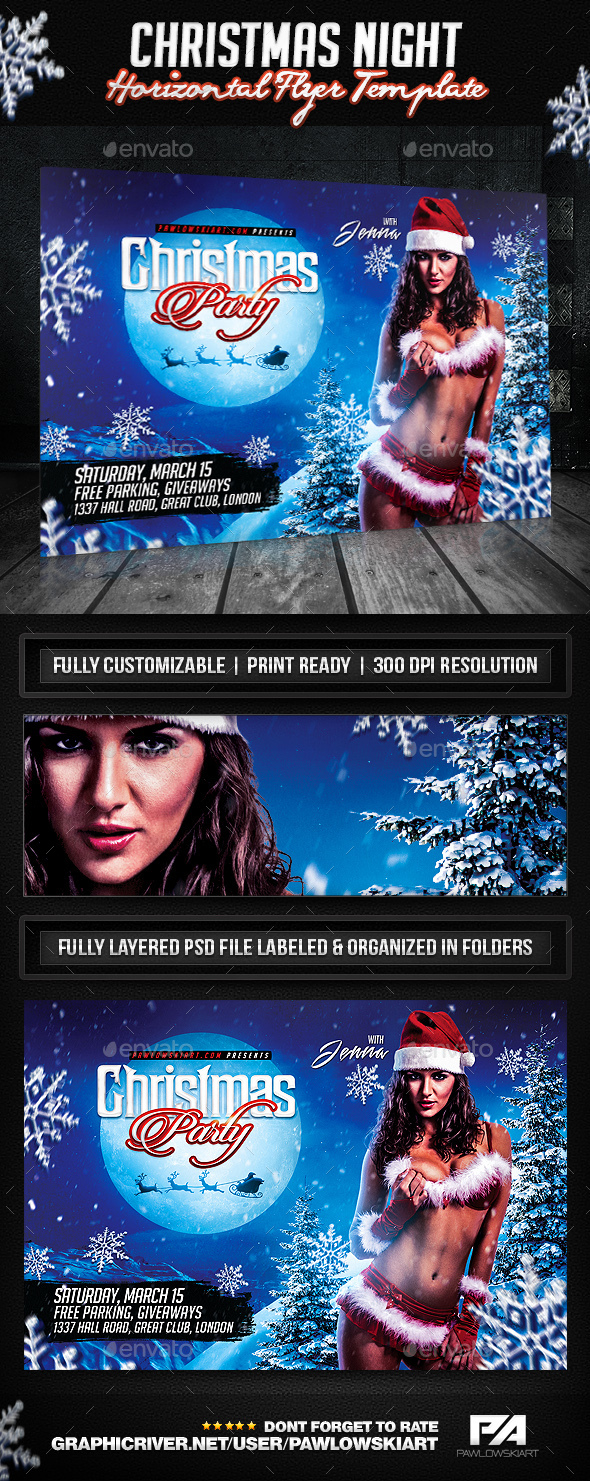 Christmas Night Party Horizontal Flyer Template - Holidays Events