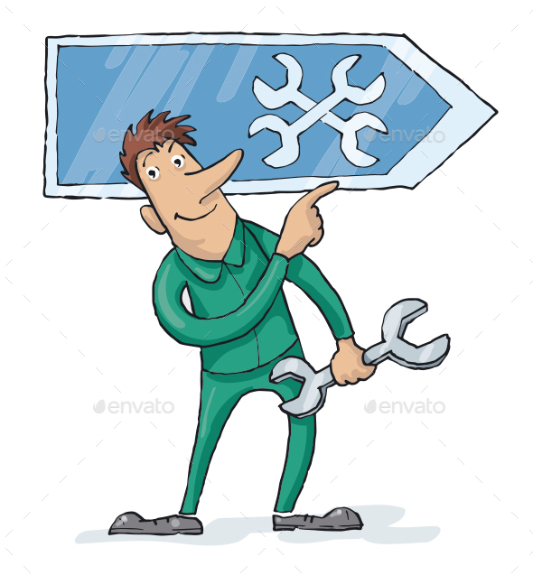 Repairman with Wrench Standing at Workshop Sign - Services Commercial / Shopping