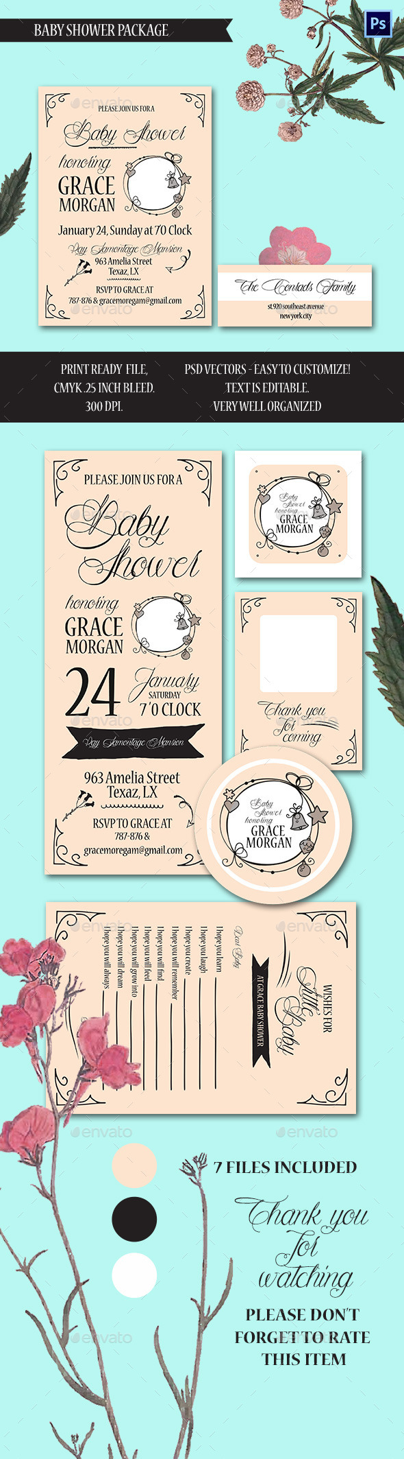 Baby Shower Invitation Package - Cards & Invites Print Templates