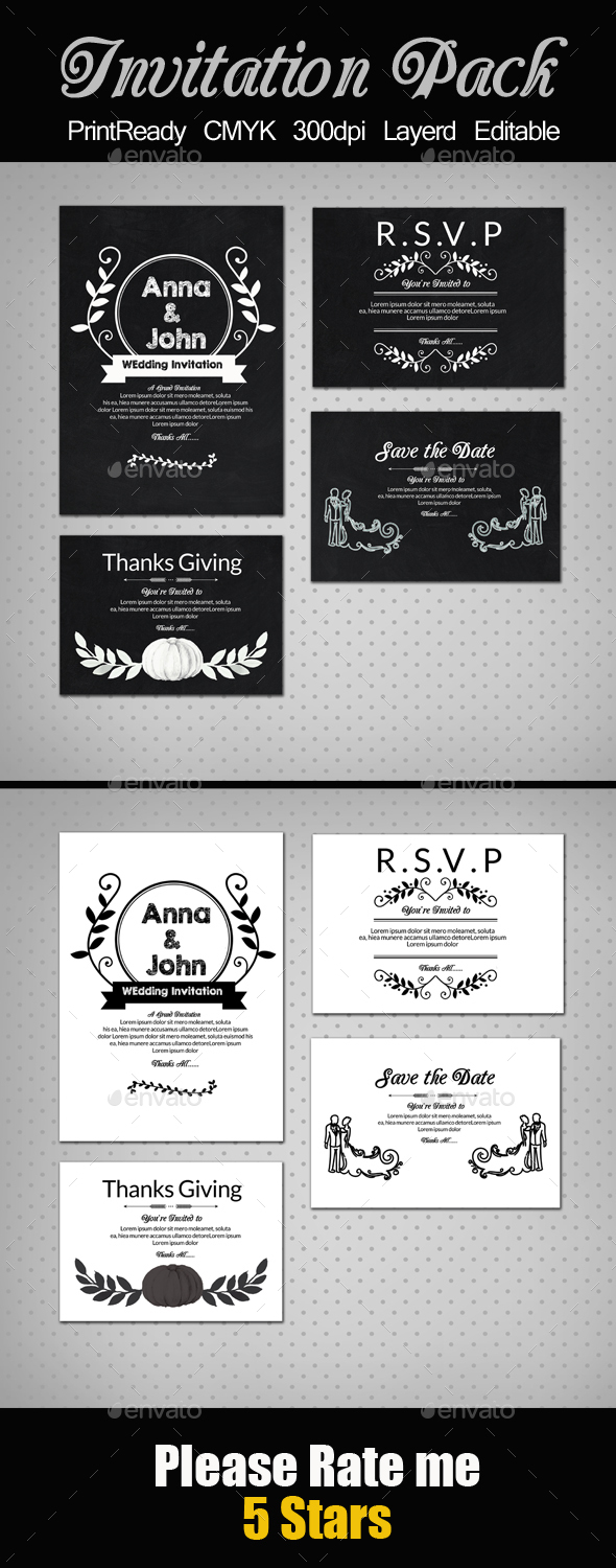 Black & White Invitation Pack - Cards & Invites Print Templates