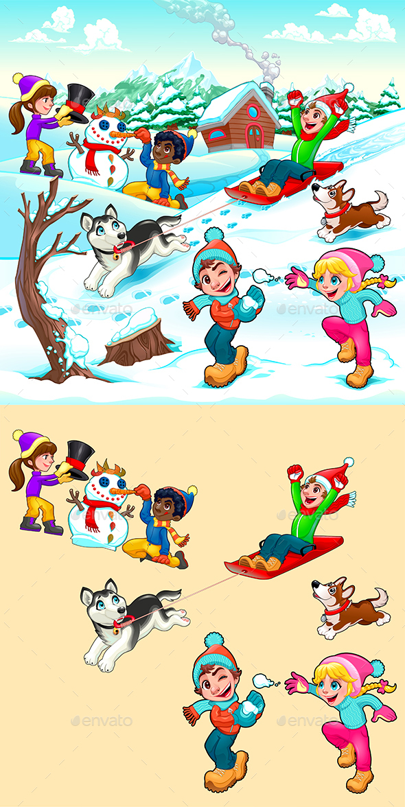 Funny Winter Scene with Children and Dogs - Christmas Seasons/Holidays