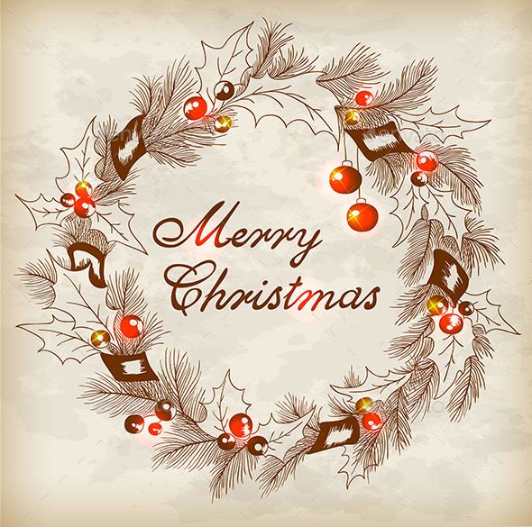 Vintage Hand Drawn Christmas Wreath - Christmas Seasons/Holidays