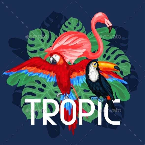 Tropical Birds Print Design With Palm Leaves - Travel Conceptual