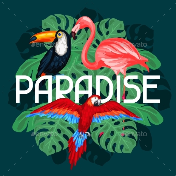 Tropical Birds Print Design With Palm Leaves - Travel Conceptual