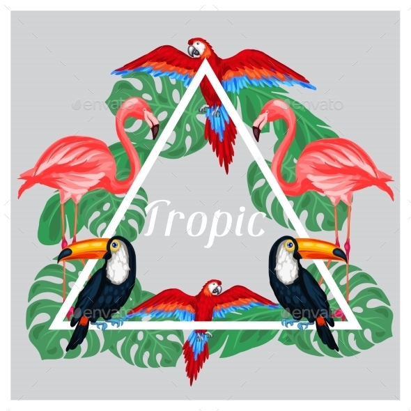Tropical Birds Print Design With Palm Leaves - Travel Conceptual