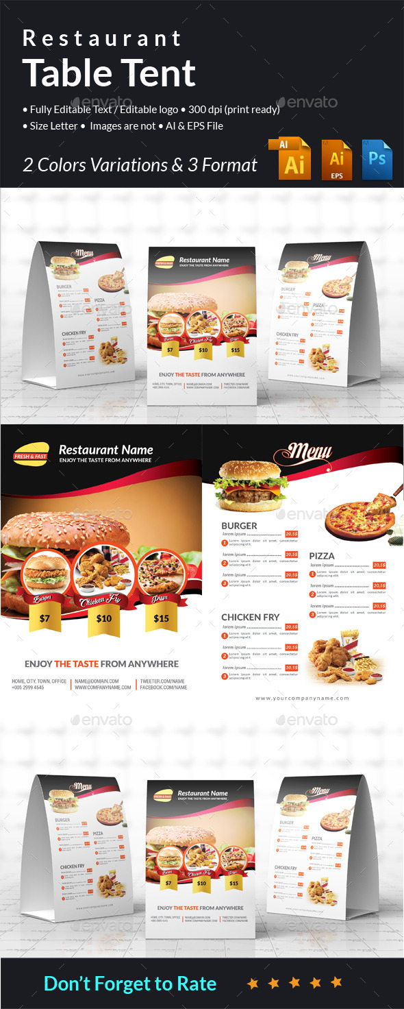 Restaurant Table Tent - Food Menus Print Templates
