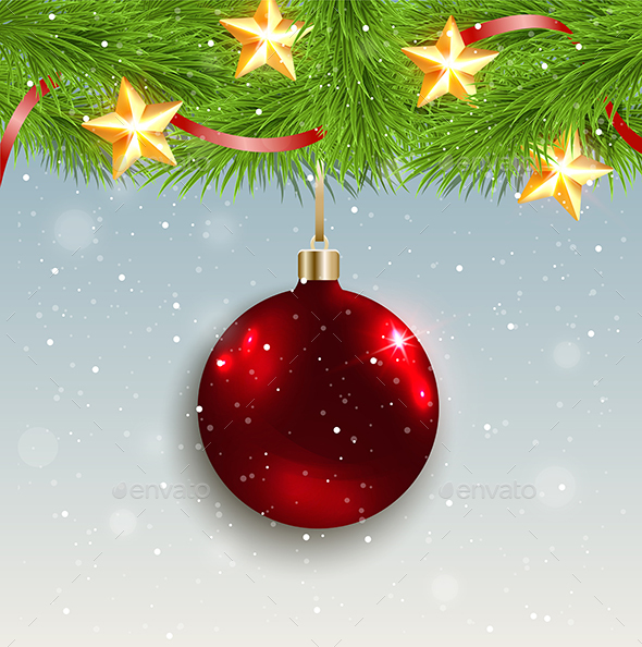 Red Decoration and Green Fir Branch - Christmas Seasons/Holidays