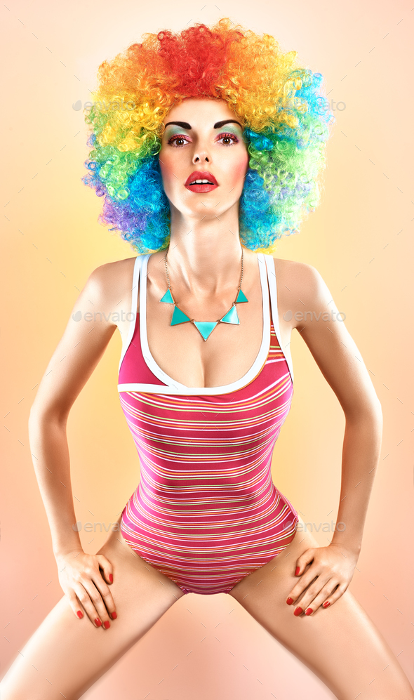 Fashion beauty woman in swimsuit, vivid afro model - Stock Photo - Images