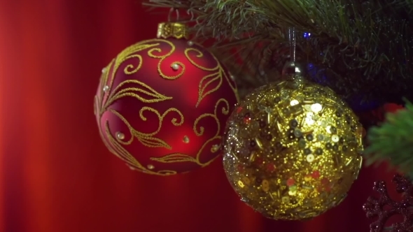 Christmas Balls Over Bright Red Background