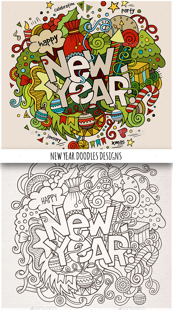 2 New Year Doodles Design - New Year Seasons/Holidays