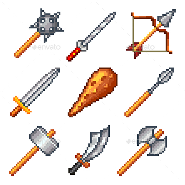 Pixel Weapons for Games Icons Set - Man-made Objects Objects