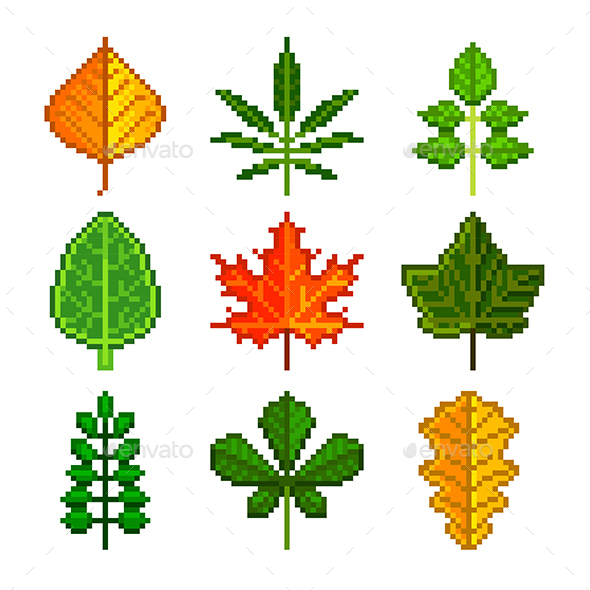 Pixel Leaves for Games Icons Set - Flowers & Plants Nature