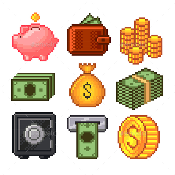 Pixel Money Icons Vector Set - Concepts Business