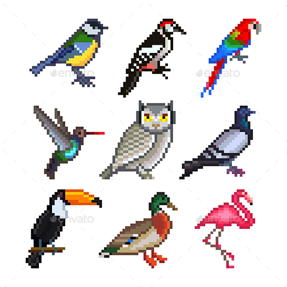 Pixel Birds for Games Icons Vector Set - Animals Characters