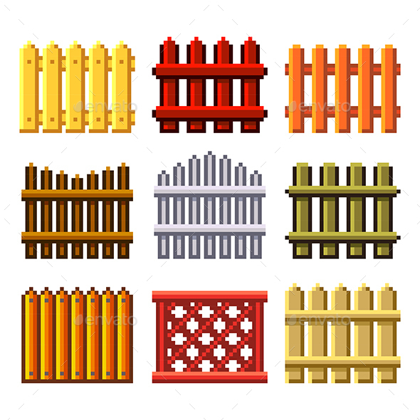 Pixel Fences for Ggames Icons Vector Set - Man-made Objects Objects