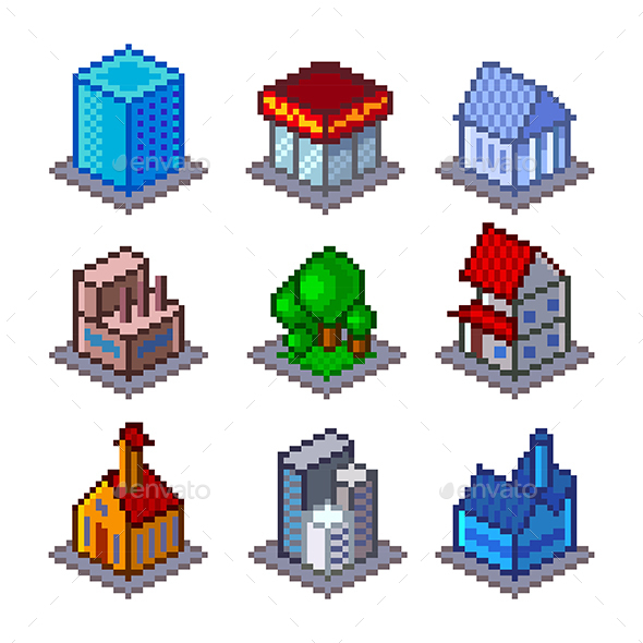 Pixel Isometric City Buildings - Buildings Objects