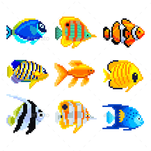 Pixel Exotic Fish for Games Icons Vector Set by andegro4ka | GraphicRiver