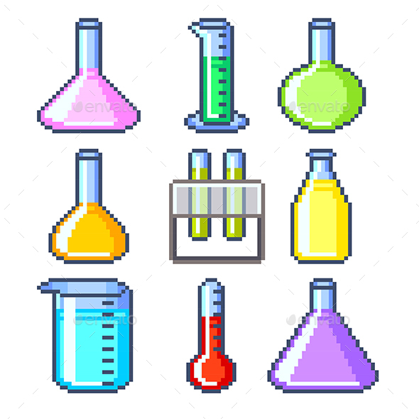Pixel Flasks and Test Tubes Icons Vector Set - Health/Medicine Conceptual