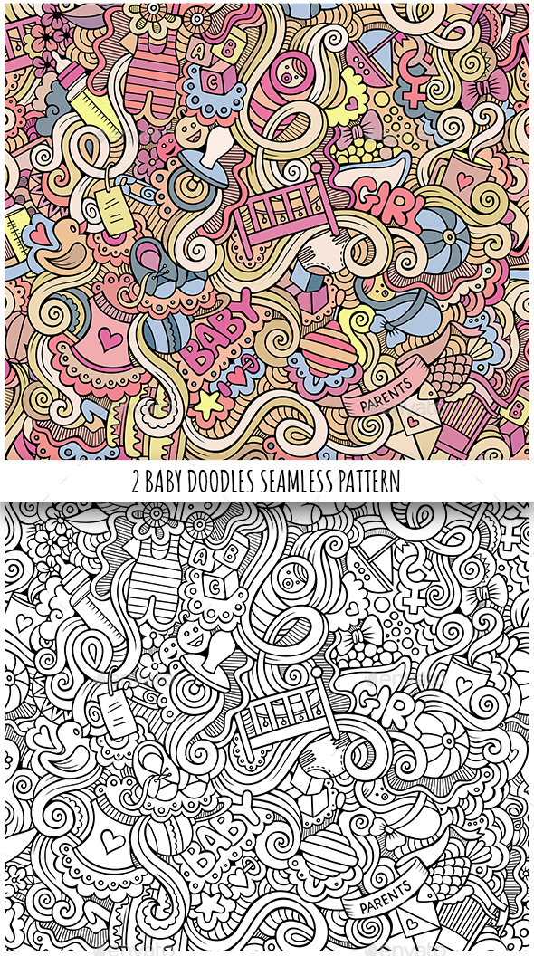 2 Baby Doodles Seamless Patterns - People Characters