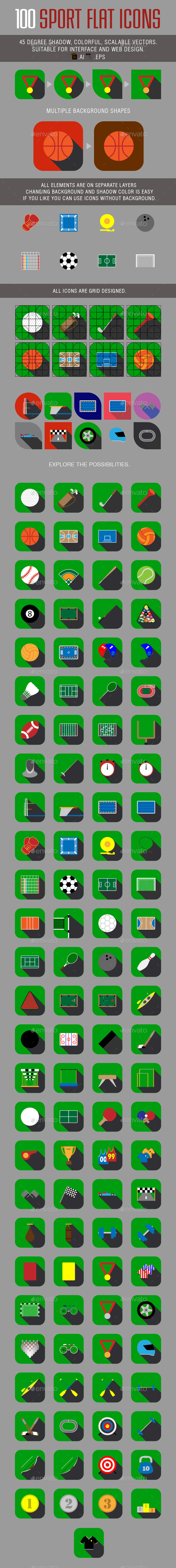 100 Sport Flat Icons with 45 Degree Shadow - Miscellaneous Icons