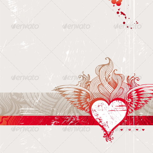 Vintage Hand Drawn Flaming Heart - Valentines Seasons/Holidays