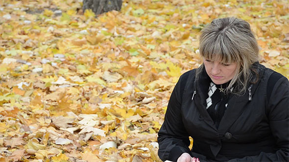 Woman Sitting on Yellow Leaves Reading a Book