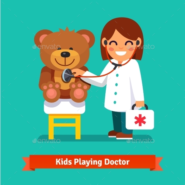 Small Girl Playing a Doctor With Teddy Bear Toy - Health/Medicine Conceptual