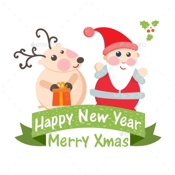 Christmas Card with Santa and Deer - Christmas Seasons/Holidays
