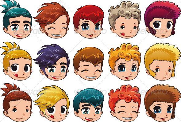 Group of Faces with Different Expressions and Hair