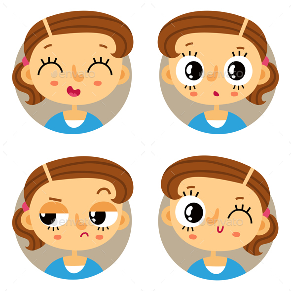 Set of Young Girl Emotion Badges - People Characters