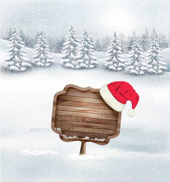 Winter Christmas Landscape with a Wooden Sign - Christmas Seasons/Holidays