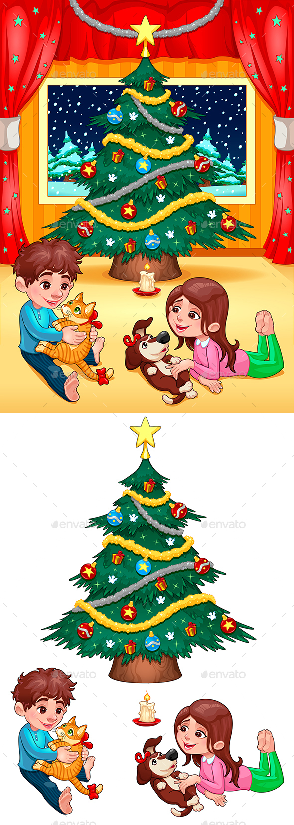 Christmas Scene with Children and Pets - Christmas Seasons/Holidays