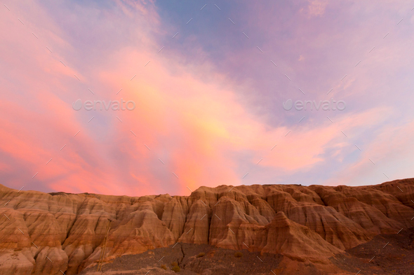 Colored sunset in Rodeo and geological rock formation, Argentina - Stock Photo - Images