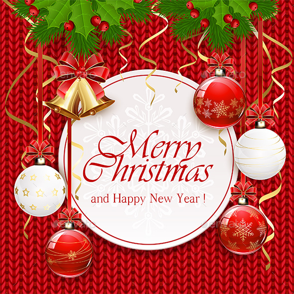 Christmas Balls and Card on Red Knitted Pattern - Christmas Seasons/Holidays