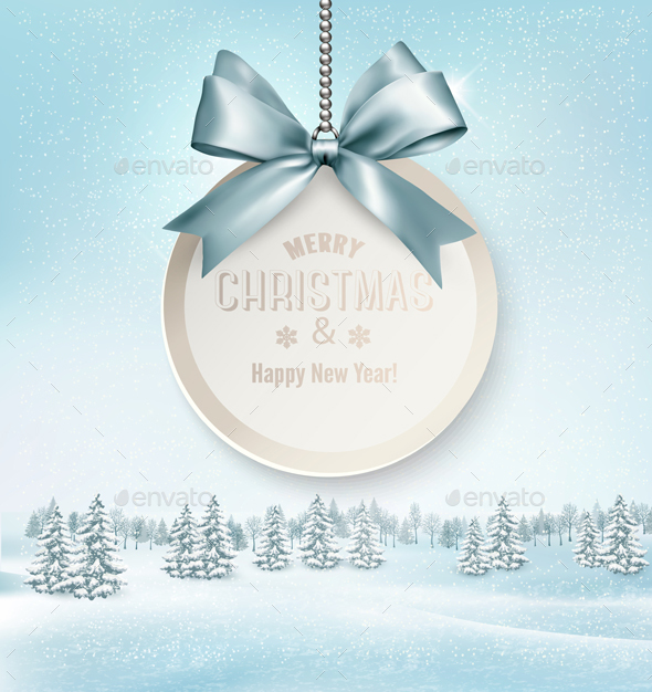 Merry Christmas Card with a Ribbon and Winter - Christmas Seasons/Holidays